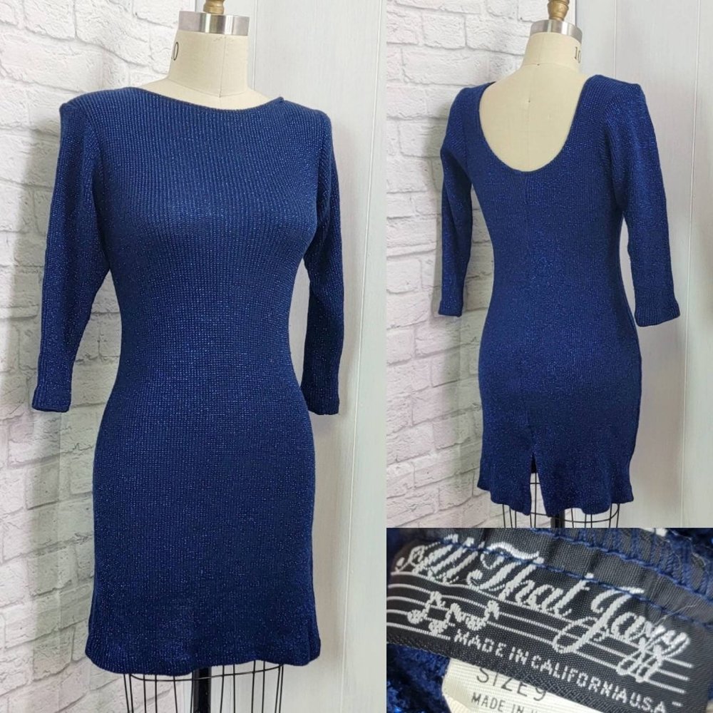 80s 90s lurex Blue Black Mini dress long sleeve 1980s 1990s size S/M